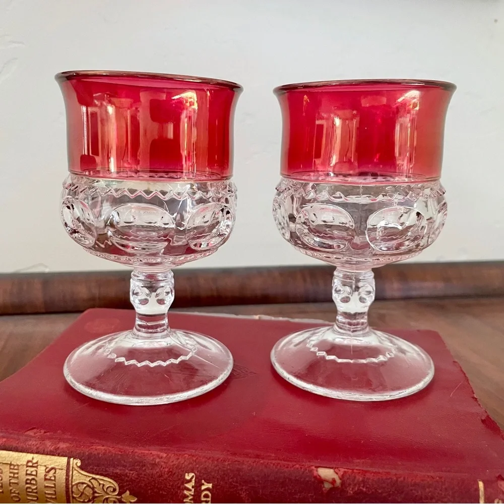 Pair of Vintage Ruby Flashed‎ Thumbprint Cocktail Goblets